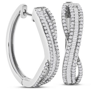 A pair of silver hoop earrings embellished with multiple rows of small diamonds.