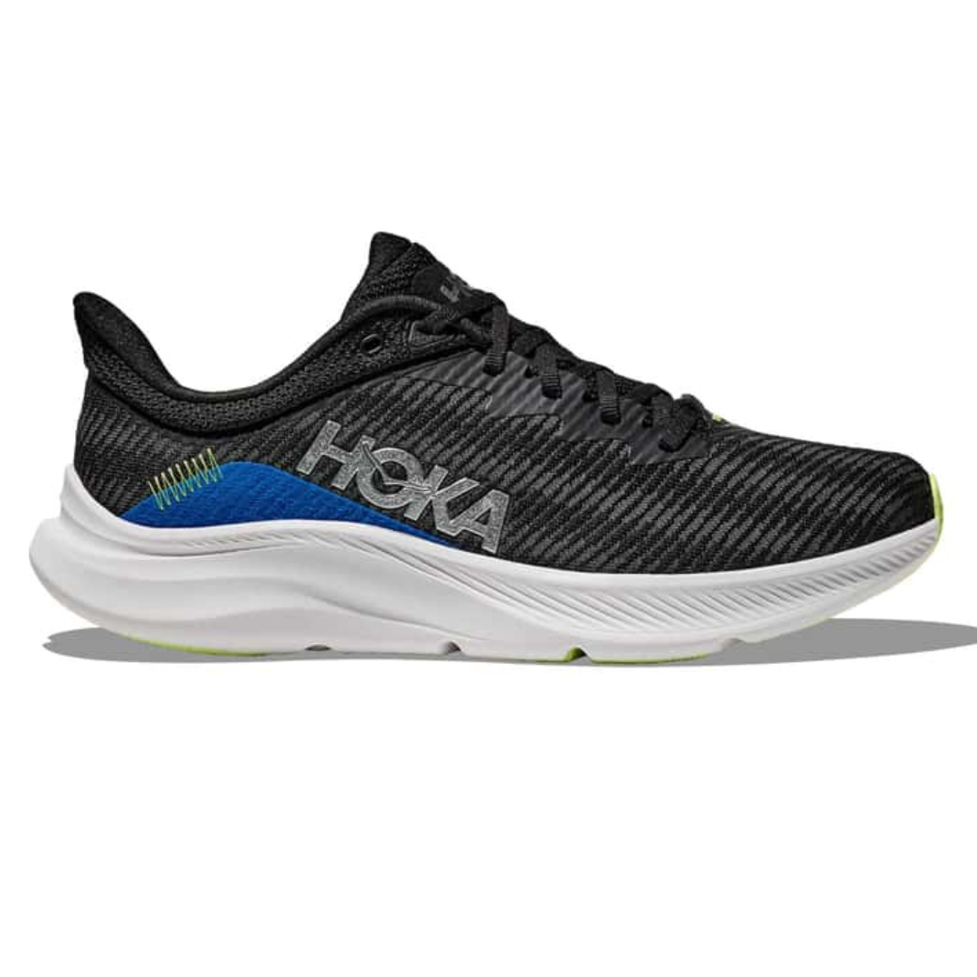 Hoka running shoe with a black upper, blue accent, and a white cushioned sole. The Hoka logo is visible on the side.
