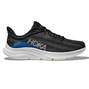 Hoka running shoe with a black upper, blue accent, and a white cushioned sole. The Hoka logo is visible on the side.