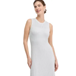 Sleeveless light gray ribbed knit dress with a fitted bodice and flared skirt, featuring subtle perforations near the neckline.