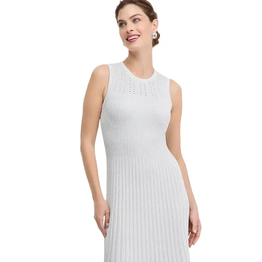 Sleeveless light gray ribbed knit dress with a fitted bodice and flared skirt, featuring subtle perforations near the neckline.