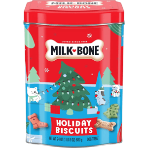 Milk-Bone Holiday Biscuits for dogs in a festive 24 oz tin, featuring holiday-themed designs with decorated trees and playful dogs.