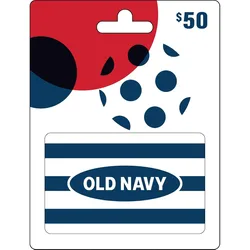 Old Navy gift card with a value of $50, featuring a blue and white striped design with a red and black polka dot background.