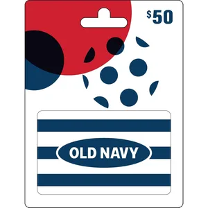 Old Navy gift card with a value of $50, featuring a blue and white striped design with a red and black polka dot background.