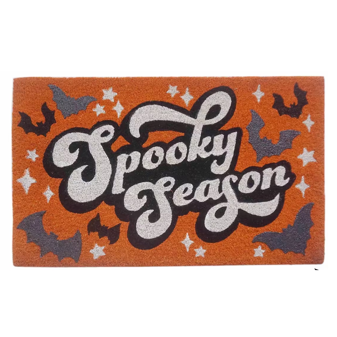 A doormat with \“Spooky Season\“ text, surrounded by bats and stars on an orange background.