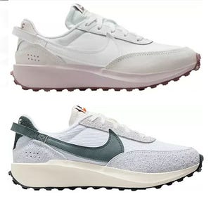 Two pairs of Nike sneakers, one in white with a pink sole, and the other in gray with a green swoosh and orange accent.