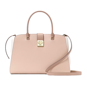 A sleek, beige handbag with dual handles and a detachable strap, featuring a gold-tone square clasp adorned with a \“db\“ logo.