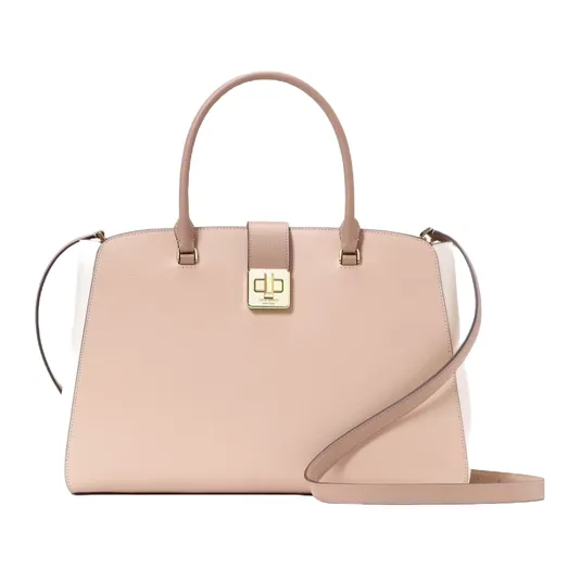A sleek, beige handbag with dual handles and a detachable strap, featuring a gold-tone square clasp adorned with a \“db\“ logo.