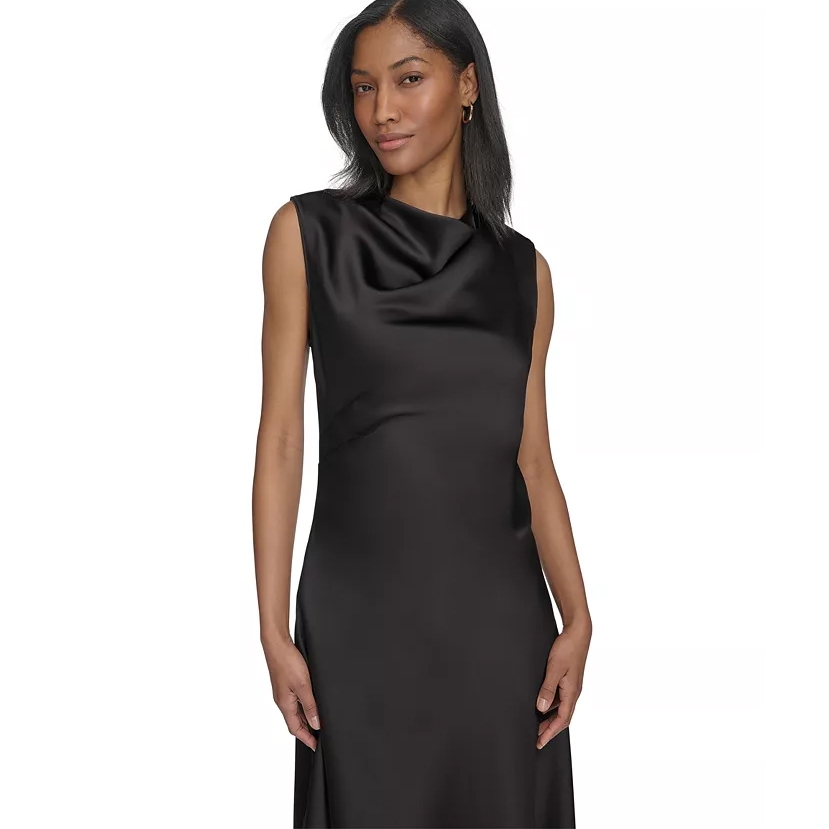 A sleek black satin midi dress with a draped neckline and sleeveless design, creating an elegant and sophisticated silhouette.