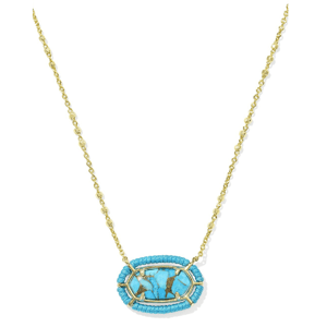 A gold chain necklace featuring an oval-shaped, turquoise magnesite stone with gold-tone prongs, surrounded by a beaded trim.