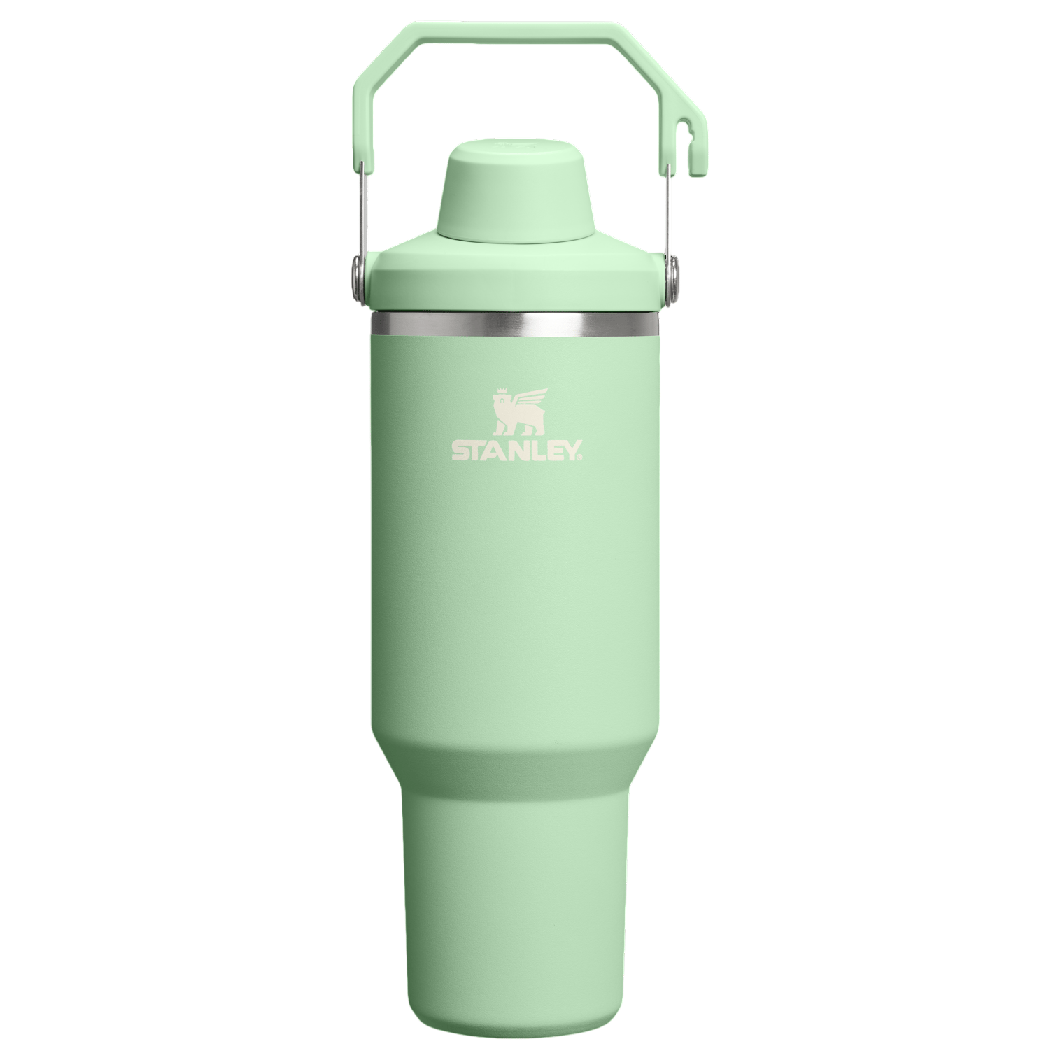 A mint green Stanley insulated bottle with a lid, metal handle, and logo visible.