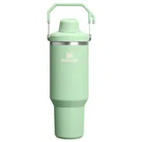 A mint green Stanley insulated bottle with a lid, metal handle, and logo visible.