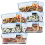 Stacked glass meal prep containers with locking lids, containing assorted foods like stir-fried vegetables, broccoli, and cooked meat.