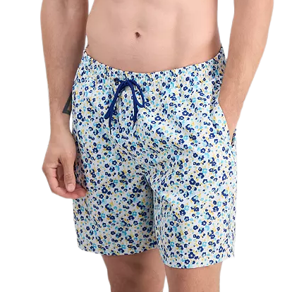 Men's floral swim shorts with a blue and yellow pattern, featuring an elastic waistband and a navy drawstring.