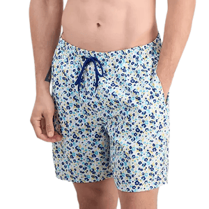 Men's floral swim shorts with a blue and yellow pattern, featuring an elastic waistband and a navy drawstring.