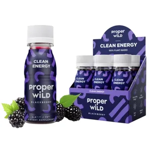 Proper Wild Clean Energy blackberry drink, a 2.5 fl oz plant-based dietary supplement, is displayed alongside a box containing multiple bottles.