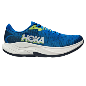 Blue Hoka running shoe with a white midsole, blue and lime green accents, and the Hoka logo prominently displayed on the side.
