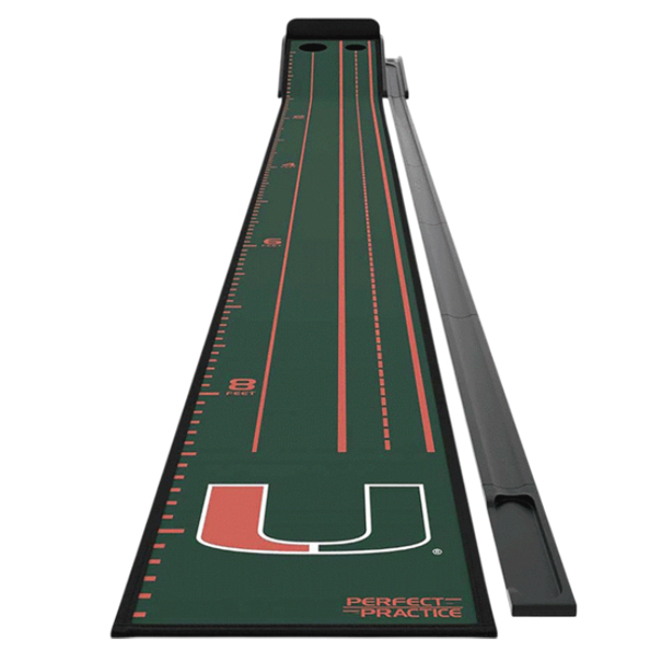 Putting practice mat with a University of Miami logo, featuring distance markers and alignment guides for improving golf putting skills.