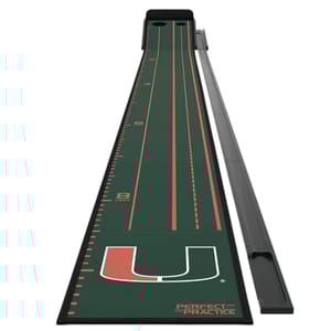 Putting practice mat with a University of Miami logo, featuring distance markers and alignment guides for improving golf putting skills.
