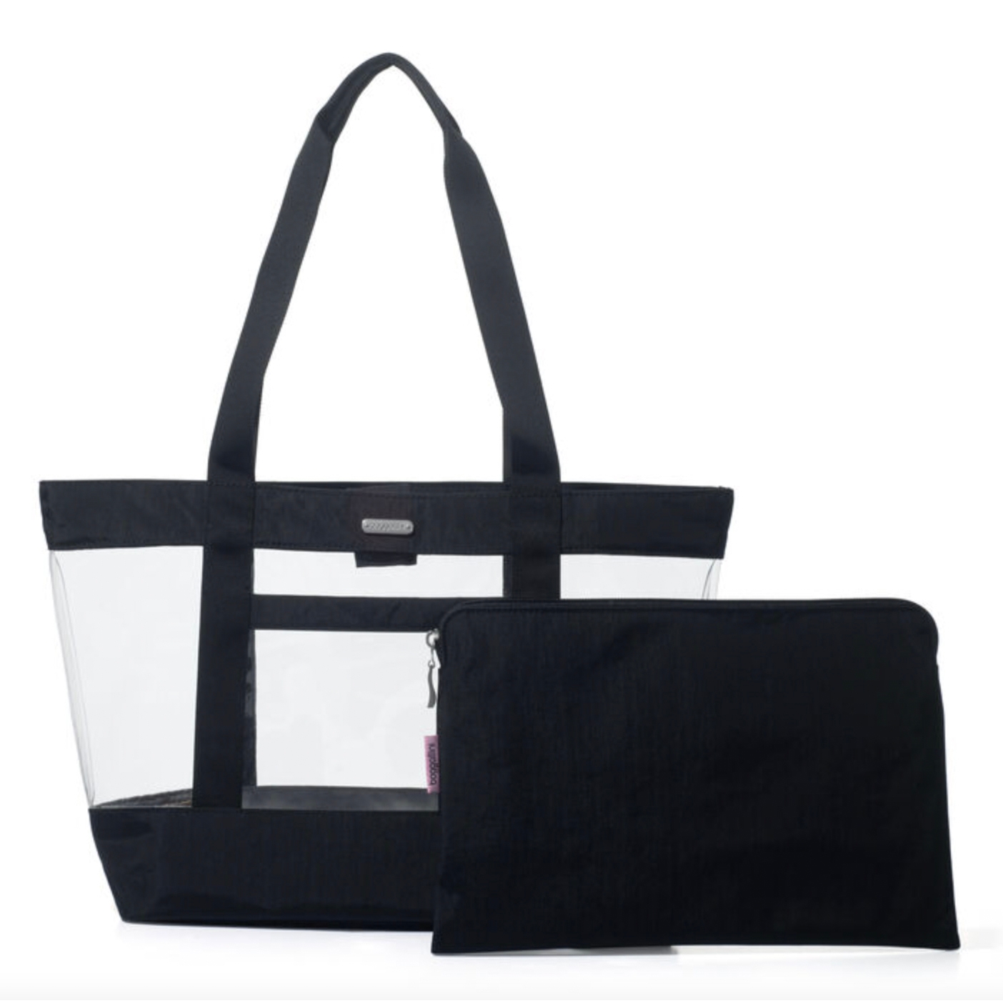 The Baggallini Clear Tote & Pouch features a transparent bag with black accents and sturdy handles, alongside a matching black zippered pouch.