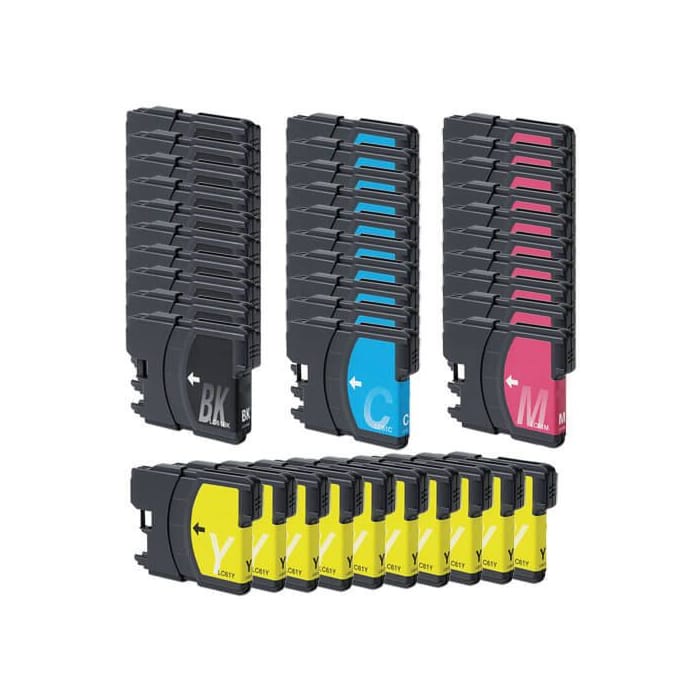 A set of printer ink cartridges in four colors: black, cyan, magenta, and yellow, with multiple cartridges stacked for each color.