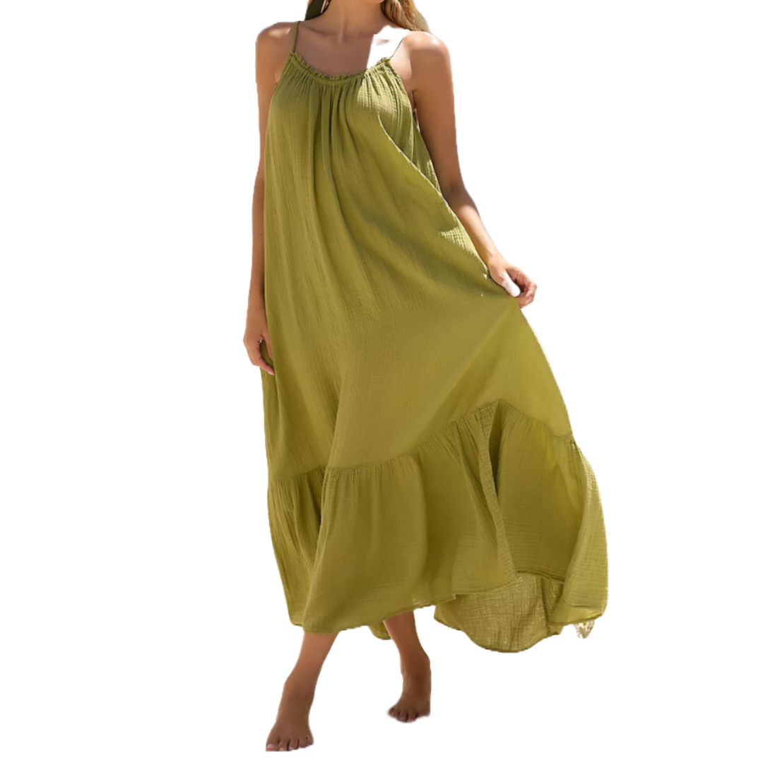 Flowy olive green maxi dress with spaghetti straps and a tiered skirt design, offering a relaxed and airy look ideal for warm weather.