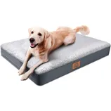 A golden retriever is lying on a gray orthopedic dog bed with a soft, plush top and a sturdy base. The bed features a logo patch labeled \“SUNHEIR.\“