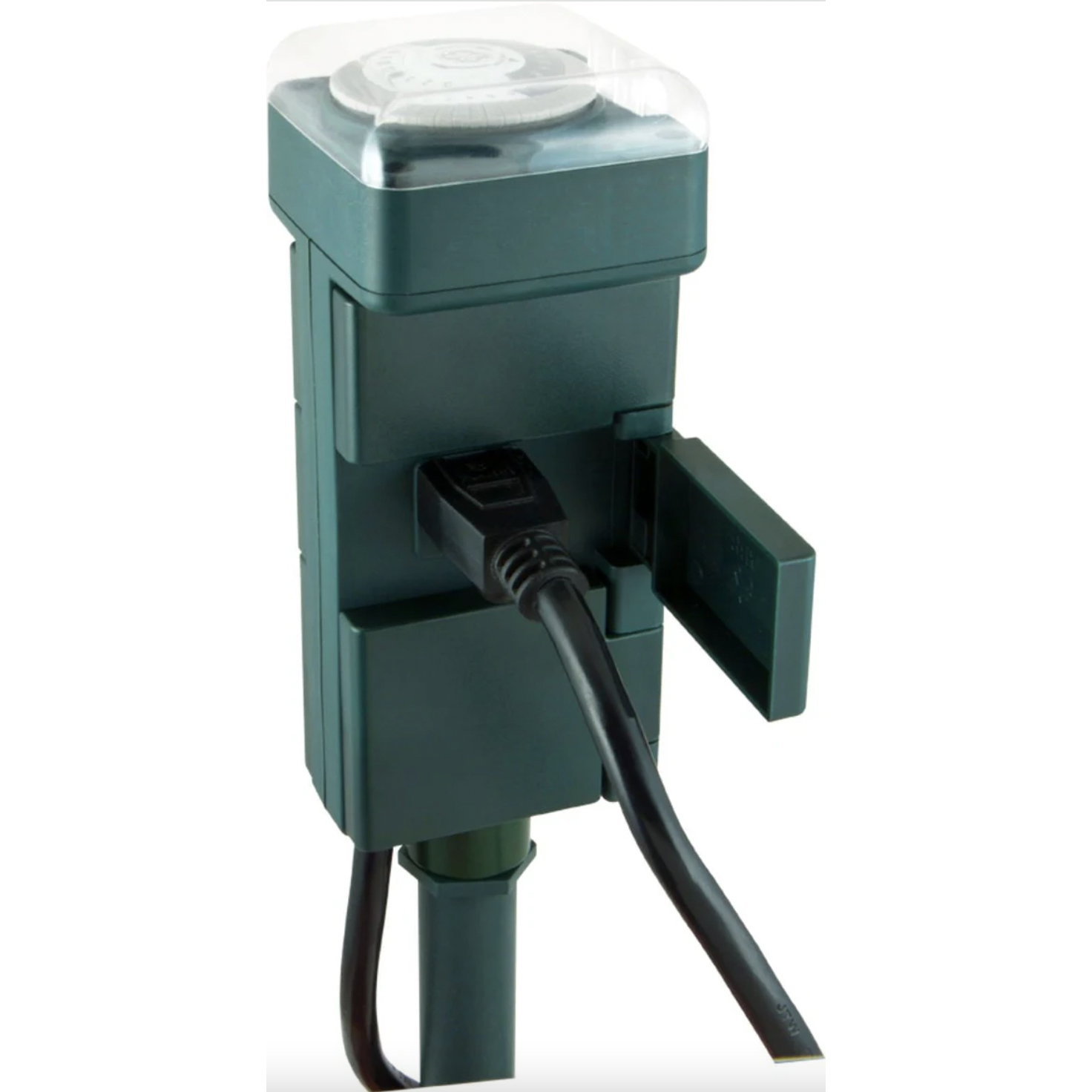 Two GE 6-Outlet Outdoor Stake Timers in dark green with a clear lid on top for the timer dial, and a black power cord attached at the side.