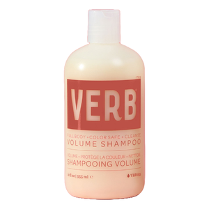 Verb Volume Shampoo is a 12 oz (355 ml) bottle with a design featuring the brand name in bold letters. It's described as full body, color-safe, and cleansing, aimed at adding volume and protecting hair color.