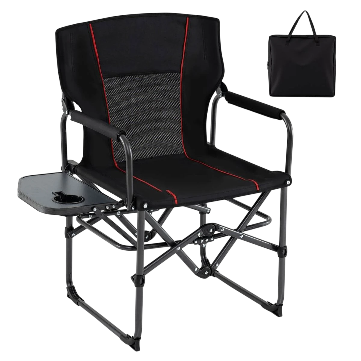A black folding camping chair with red accents features a side table with a cup holder. It includes a carrying bag for easy transport.