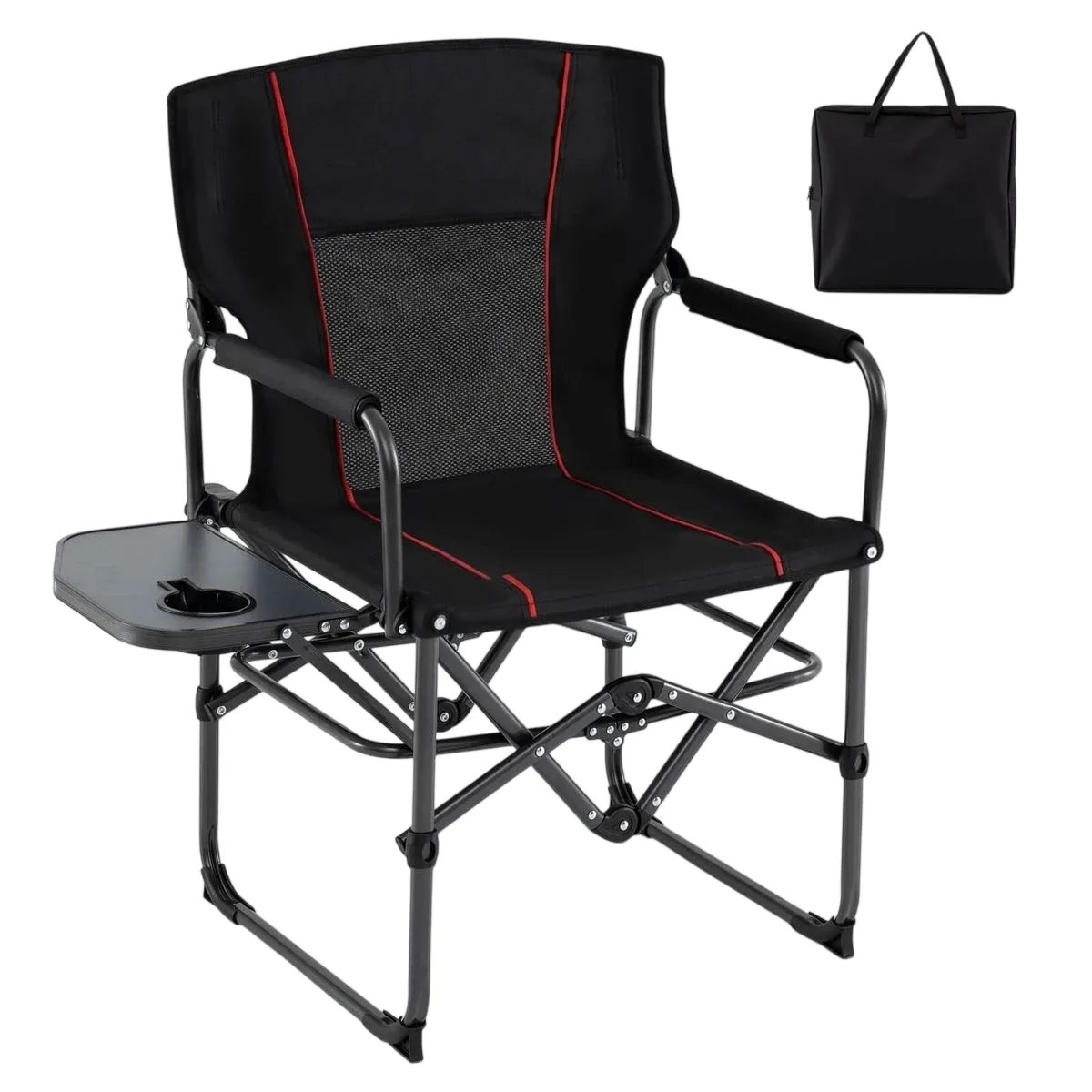 A black folding camping chair with red accents features a side table with a cup holder. It includes a carrying bag for easy transport.