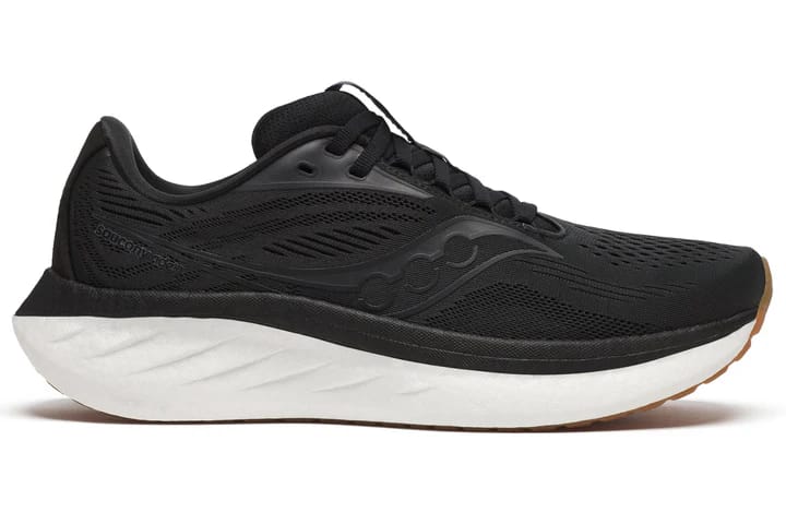 A black and white running shoe with a sleek design, featuring a cushioned sole and breathable mesh upper for comfort.