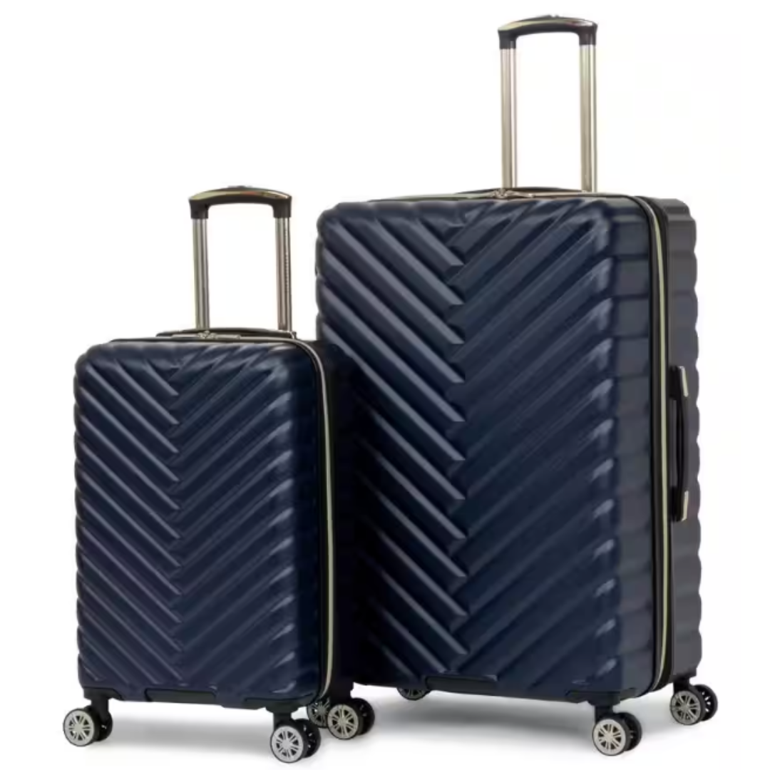 Two blue hardshell suitcases, one larger and one carry-on size, with telescopic handles and four wheels.