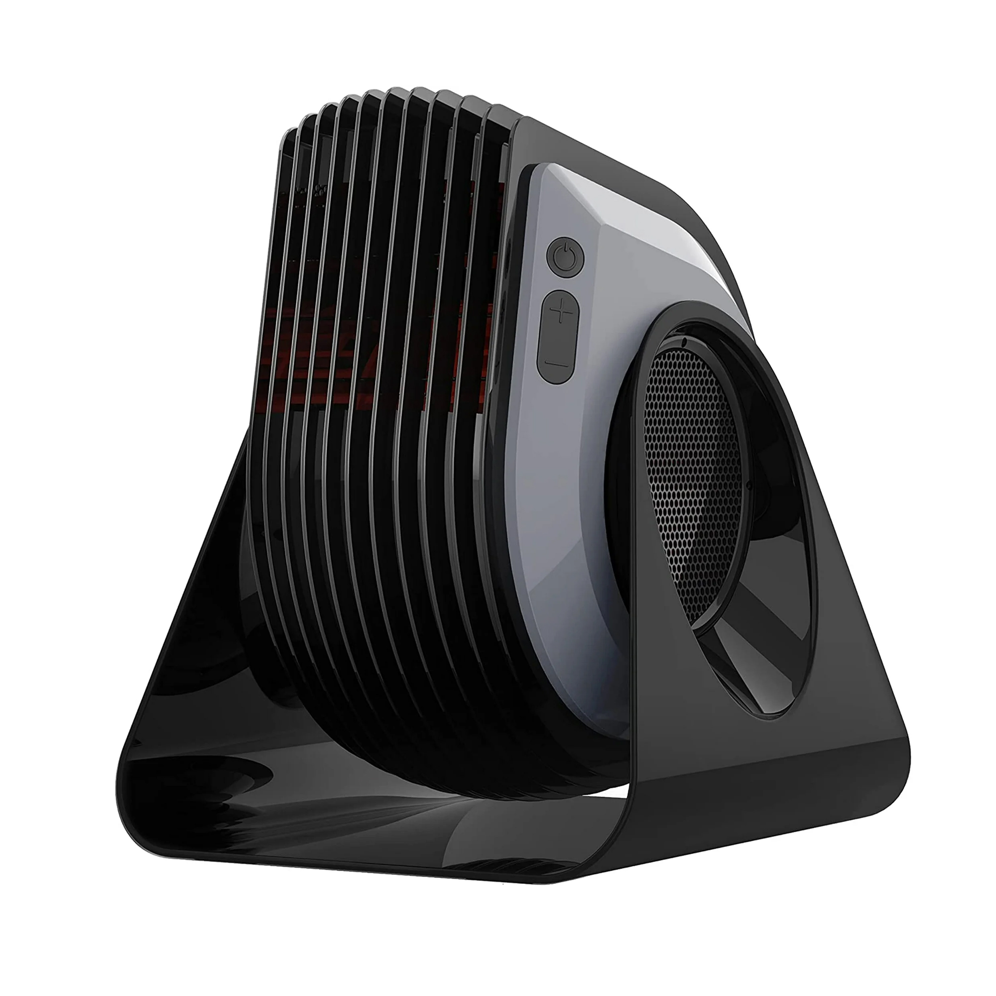 Space heater with a vertical design, featuring a control panel on the side and a circular front grille.