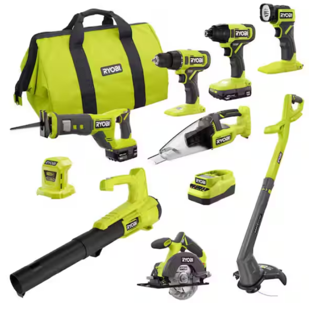 Ryobi tool set includes a drill, impact driver, reciprocating saw, circular saw, blower, string trimmer, hand vacuum, flashlight, charger, and carrying bag.