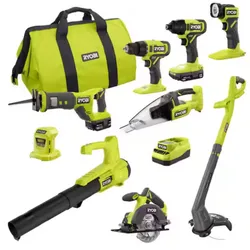 Ryobi tool set includes a drill, impact driver, reciprocating saw, circular saw, blower, string trimmer, hand vacuum, flashlight, charger, and carrying bag.