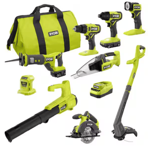 Ryobi tool set includes a drill, impact driver, reciprocating saw, circular saw, blower, string trimmer, hand vacuum, flashlight, charger, and carrying bag.