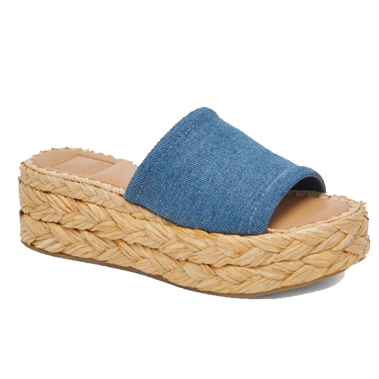 A platform slide sandal with a denim strap and woven straw-like sole.