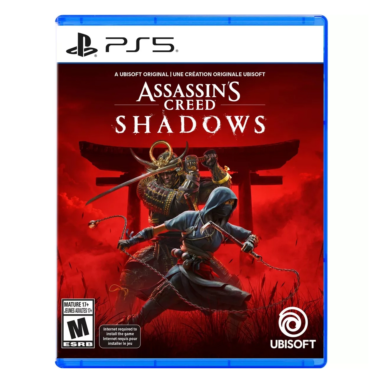 \“Assassin's Creed: Shadows\“ for PS5, developed by Ubisoft, features prominently on the cover with stylized artwork of a ninja and samurai. Rated M for mature audiences.