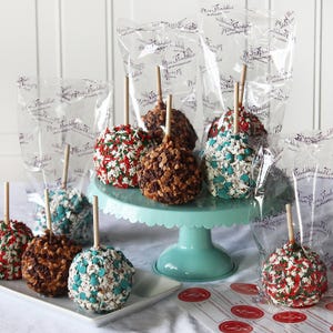 A set of 10 Mrs. Prindables caramel apples decorated with various toppings like chocolate chips and colorful sprinkles, individually wrapped in clear packaging with branding and arranged on a turquoise cake stand and white plate.