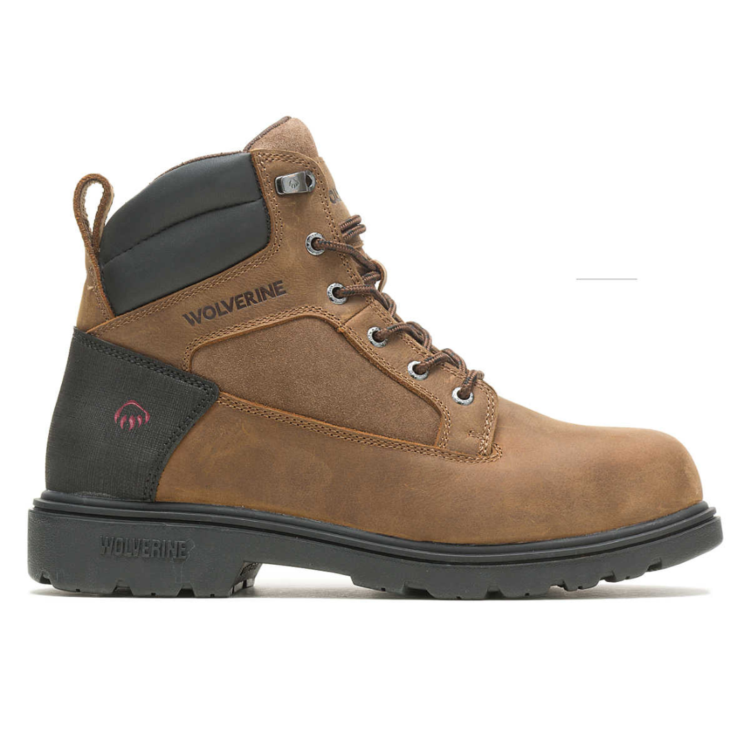 A brown Wolverine work boot with a black padded collar and sturdy tread, featuring metal eyelets and durable stitching.