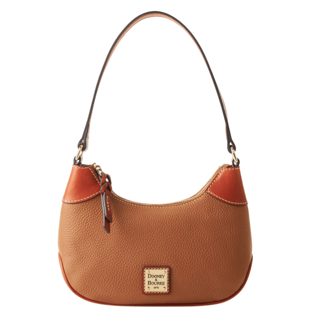 Small tan and orange leather handbag with a single strap and a metal logo plate labeled \“Dooney & Bourke.\“