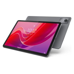A sleek tablet with a 10.1-inch display and minimalist design, featuring a front touchscreen and a rear camera.