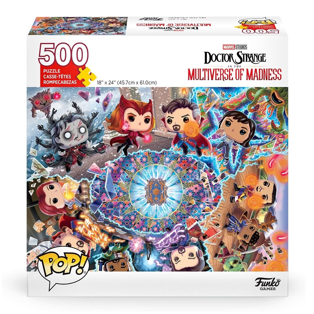 This is a 500-piece jigsaw puzzle featuring stylized illustrations of characters from \“Doctor Strange in the Multiverse of Madness\“ in Funko POP! form. The assembled size is 18\“ x 24\“ (45.72 cm x 60.96 cm).