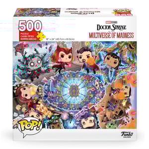 This is a 500-piece jigsaw puzzle featuring stylized illustrations of characters from \“Doctor Strange in the Multiverse of Madness\“ in Funko POP! form. The assembled size is 18\“ x 24\“ (45.72 cm x 60.96 cm).