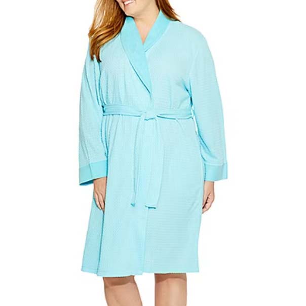 A blue bathrobe with a waffle texture and a matching belt.