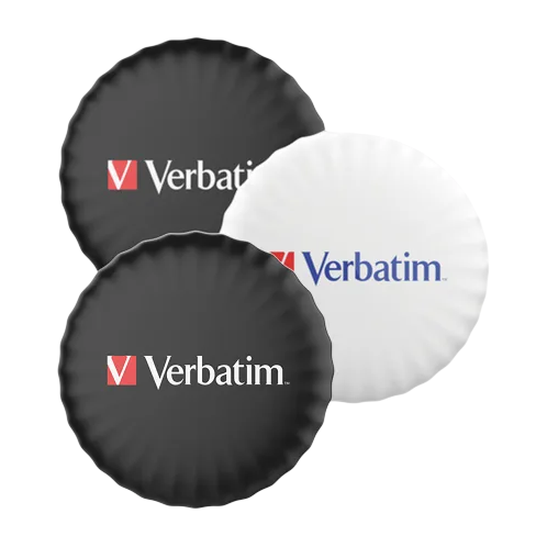 Three Verbatim-branded circular wireless chargers are shown, two black and one white.