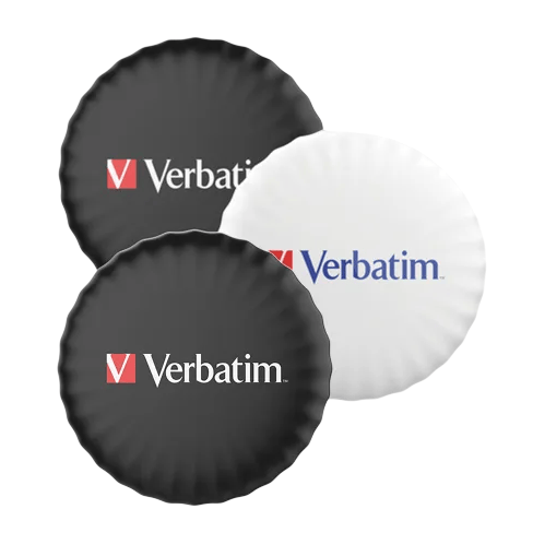 Three Verbatim-branded circular wireless chargers are shown, two black and one white.