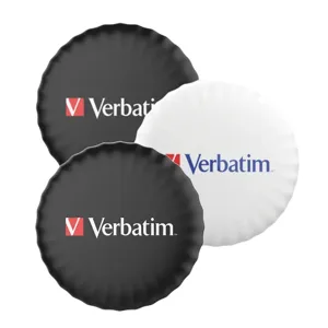 Three Verbatim-branded circular wireless chargers are shown, two black and one white.