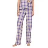 Plaid pajama pants with shades of blue and beige, featuring a loose fit and drawstring waist.